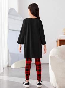 補間女孩時尚街頭風格針織圓領上衣與格紋褲 - 黑色 - 查看 2