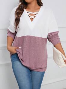 SHEIN LUNE 拼色下垂肩交叉包裹連帽衫配帶子 - 彩色 - 查看 3