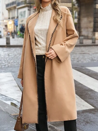 SHEIN Frenchy 瀑布領對比色滾邊連肩袖羊毛呢外套