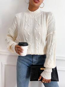 SHEIN LUNE Mock Neck Drop Shoulder Cable Knit Pullover Fall Winter Sweater - Beige - View 5