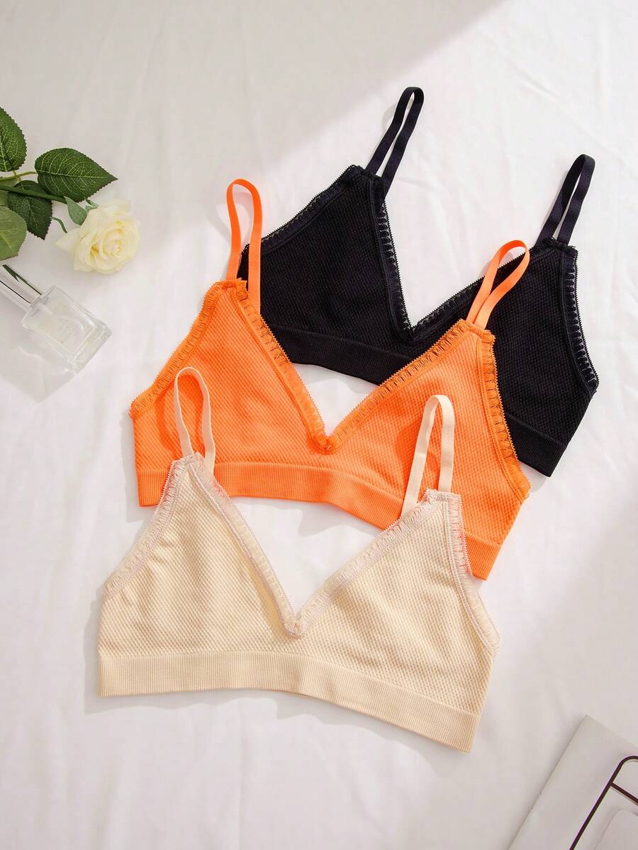 3pcs Lace Trim Bralette - Multicolor - View 1
