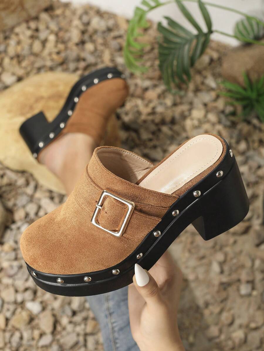 新款時尚尖頭拖鞋, 帶釦的無跟拖鞋，楔跟厚底女鞋 - 棕色 - 查看 1