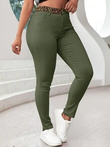 撞色帶腰緊身褲 - 綠色 - 查看 5