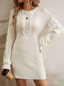 SHEIN LUNE 麻花編織落肩袖毛衣洋裝 - 白色 - 查看 3