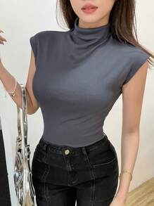 DAZY Solid High Neck Cap Sleeve Tee