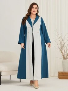 Mulvari Women's Plus Size Color Block Double-Breasted Arabian Dress With Shawl Collar Abayas - Multicolor - View 1