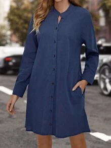 EMERY ROSE Vestido camisero unicolor con botón delantero