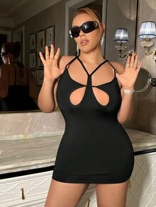 SHEIN ICON 凸顯前面空心蕾絲露背緊身裙 - 黑色 - 查看 3