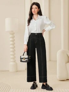 Mulvari 純色直筒牛仔褲,外縫細節,休閒穿搭必備 - 黑色 - 查看 3