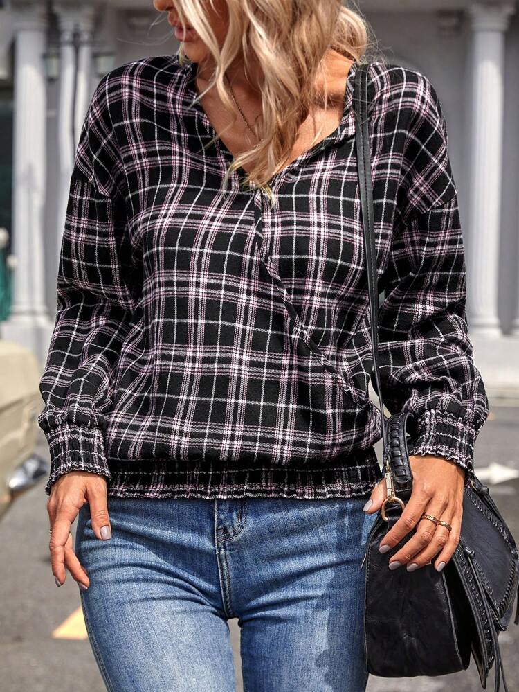 Plaid Print Turn-down Collar Button Up Shirt With Rolled Up Sleeves