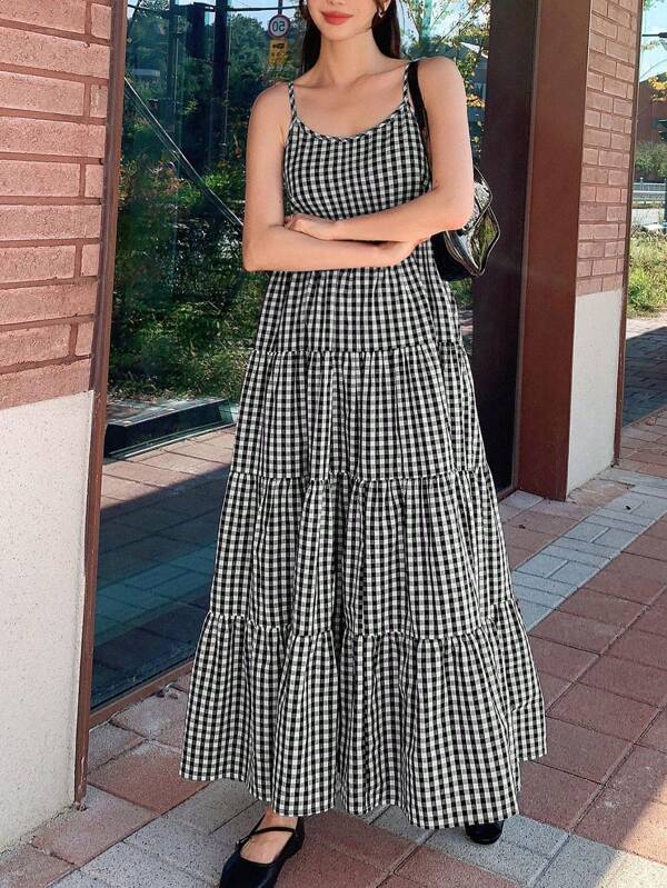 Dazy Star Gingham Print Ruffle Hem Cami Dress Sundress