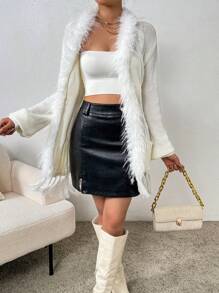 SHEIN Privé Tassel Trim Plush Edge Front Open Cardigan Sweater - Apricot - View 5