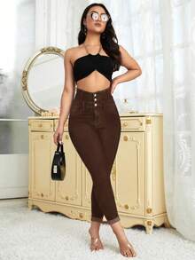 High Waist Skinny Jeans - Brown - View 3