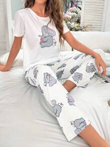 Cartoon Graphic Tee & Pants PJ Set / Pajama Set - Multicolor - View 3
