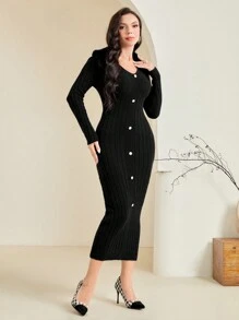 Modelyn Button Front Ribbed Knit Sweater Dress Fall Cloth For Women - Black - View 5