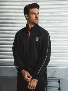 Gym Rark Boyfriend Style Men Letter Graphic Contrast Tape Zip Up Sports Jacket Workout Tops Sports Jacket - Black - View 4