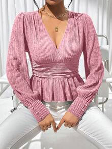 SHEIN Privé 純色燈籠袖褶邊上衣 - 粉色 - 查看 3
