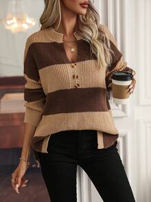SHEIN LUNE Hai tông màu Sọc Thả vai Áo len Với Cổ áo có khía - Màu Khaki - Xem 5