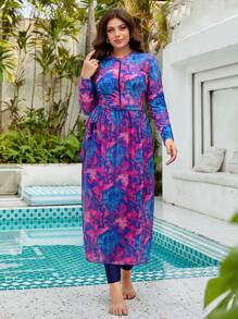 Swim Mulvari 夏季海滩女式加大码全印花前拉链上衣搭配高腰紧身布基尼泳裤阿拉伯服装 - 彩色 - 查看 3