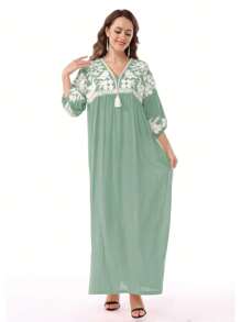 RAMADAN Floral Embroidered Patchwork Tasseled Drop Shoulder Arabian Women Elegant Dress JALABIA 2025 Spring Summer Eid Al Adha,Modest