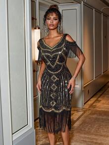 Vintage V-Neck Cold Shoulder Sleeveless Sequin Fringe Trim Bodycon Dress Cocktail Semi Formal Prom Wedding Guest Dress, For Birthday, Graduation, Dinner, Homecoming