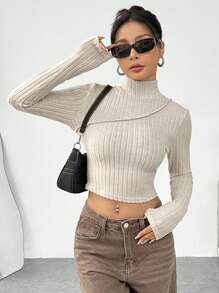 SHEIN EZwear 凸凹羅紋立領長袖t卹 - 米色 - 查看 5