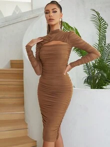 Đơn giản Gợi cảm Đứng cổ áo Rỗng Nối Lưới Sau Khe Xếp li Gầy Đầm Nữ - màu nâu - Xem 7