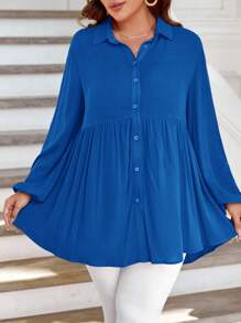 SHEIN LUNE Hơn Chất rắn Nút phía trước Xoay eo Áo sơ mi - Xanh đậm - Xem 2