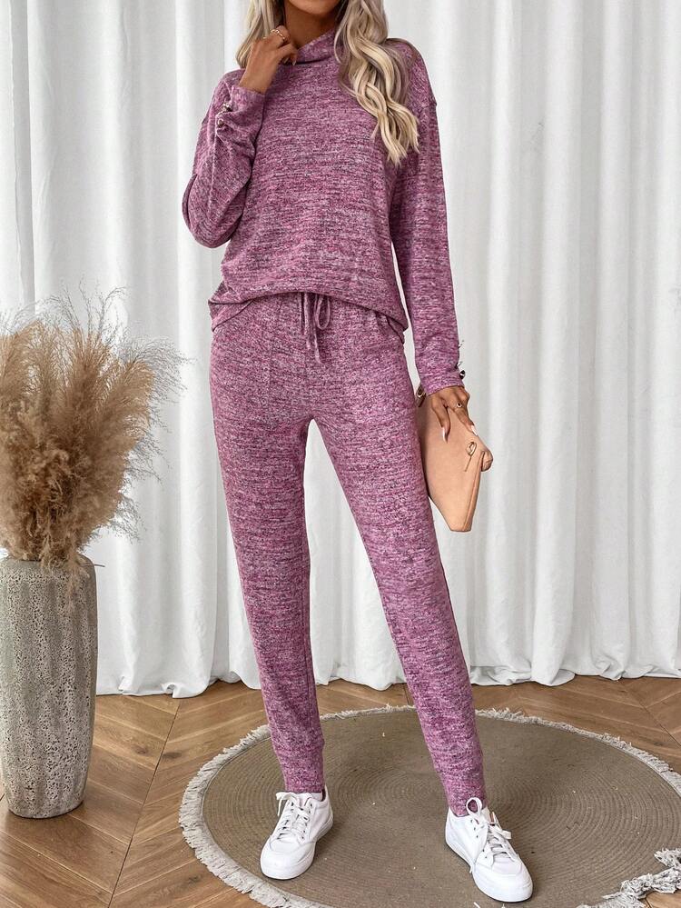 Space Dye Drop Shoulder Tee & Drawstring Waist Pants Fall Cloth For Women