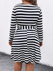 SHEIN LUNE Plus Striped Print Belted Dress - Black and White - View 2