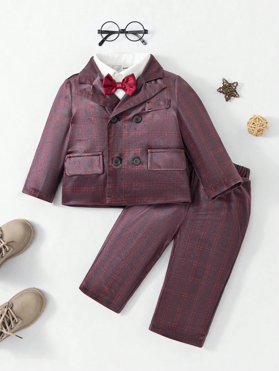 SHEIN Đứa bé trai 1 Miếng In kẻ sọc Đôi ngực Áo vest & 1 Miếng Quần & 1 Miếng Nơ mặt trước Áo sơ mi - Nhiều màu - Xem 1