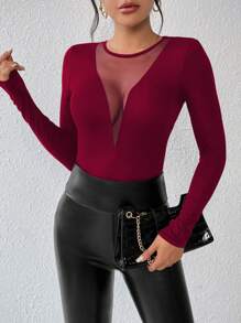 Chiquease Contrast Mesh Slim Fit Tee Fall Cloth For Women - Burgundy - View 3