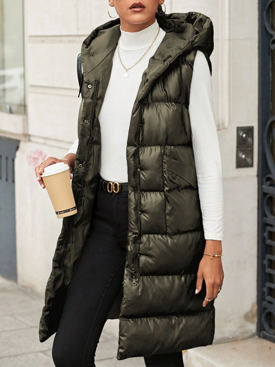 RueChic Drawstring Hooded Vest Padded Jacket - Khaki - View 1