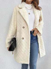 SHEIN Frenchy Double Breasted Lapel Neck Teddy Coat - Apricot - View 5