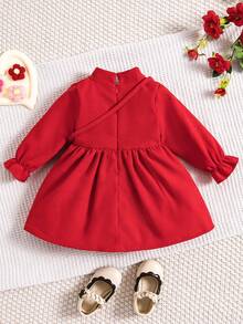 Baby Girl Frog Button Front Flounce Sleeve Dress With Bag - Red - View 2