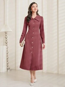 Modelyn 女裝純色翻領扣前洋裝 - 粉色 - 查看 1