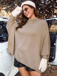 Calvaya 大碼高領蝙蝠袖不對稱下擺斗篷毛衣 - 卡其色 - 查看 4