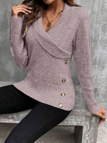 SHEIN LUNE Áo len trơn màu có chi tiết cúc, áo len dài tay kiểu chui đầu mùa thu đông. - Bụi hồng - Xem 3