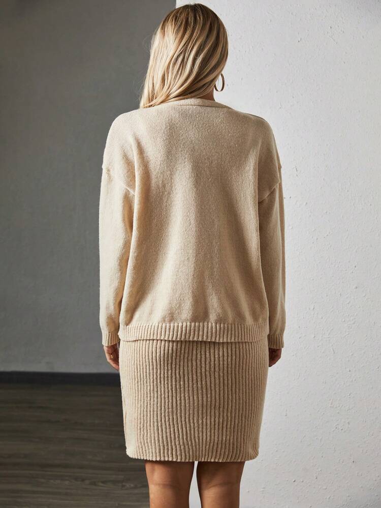 Drop Shoulder Cardigan & Split Hem Sweater Dress