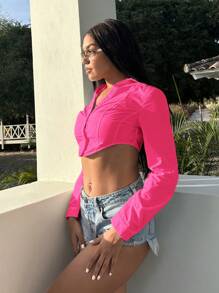 SHEIN SXY Women's Button Down Collar Longline Cropped Shirt - Hot Pink - View 5