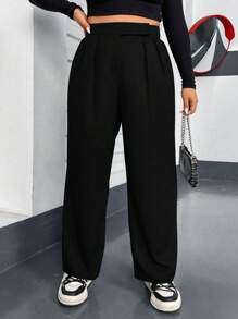 Flirla Của phụ nữ Kích thước lớn Eo cao quần ống rộng Quần tây - màu đen - Xem 3