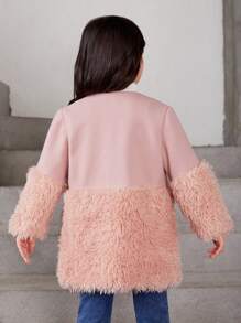 SHEIN Young Girl Open Front Fuzzy Panel Overcoat - Pink - View 6