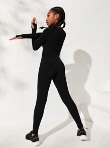 SHEIN Cô gái Tween Chất rắn Lỗ ngón tay cái Áo Tee thể thao & quần leggings - màu đen - Xem 2