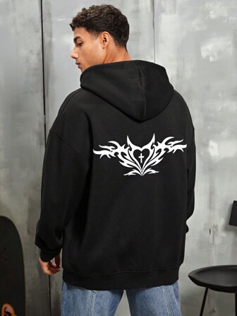 Manfinity Roghcode Men's Casual Oversized Hoodie With Drawstring And Printed Design, Drop-Shoulder Style