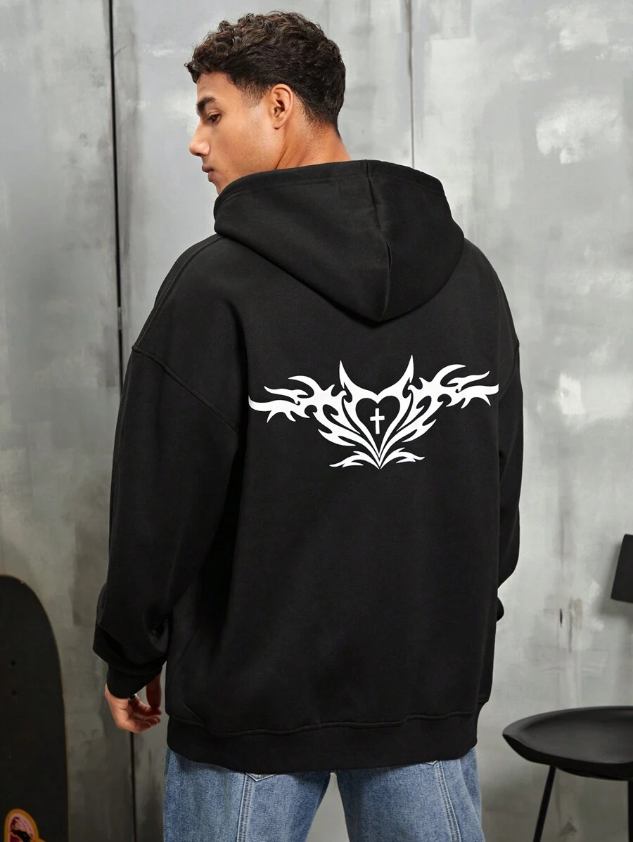 Manfinity Roghcode 男款休閒寬鬆帽衫,束繩和印花設計,肩膀下垂的風格 - 黑色 - 查看 1