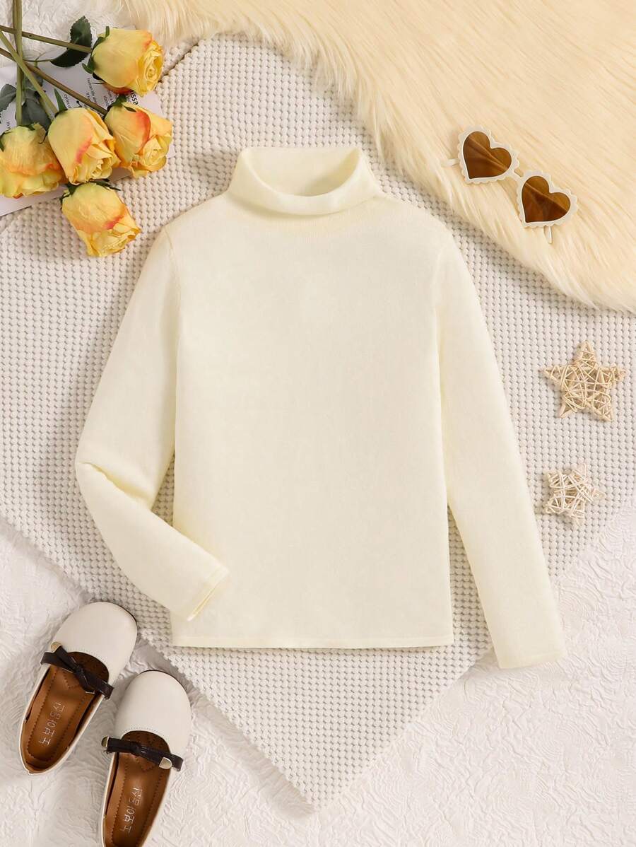 SHEIN Girls High Neck Pullover Knitted Sweater - White - View 1