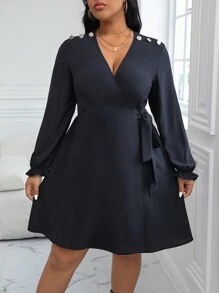 Calvaya Plus Button Detail Knot Side Wrap Dress - Black - View 5