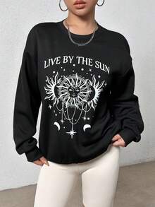 SHEIN Unity 日月圖案落肩袖運動衫 - 黑色 - 查看 3