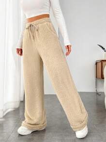 SHEIN EZwear 女式抽繩腰天鵝絨長褲 - 卡其色 - 查看 1