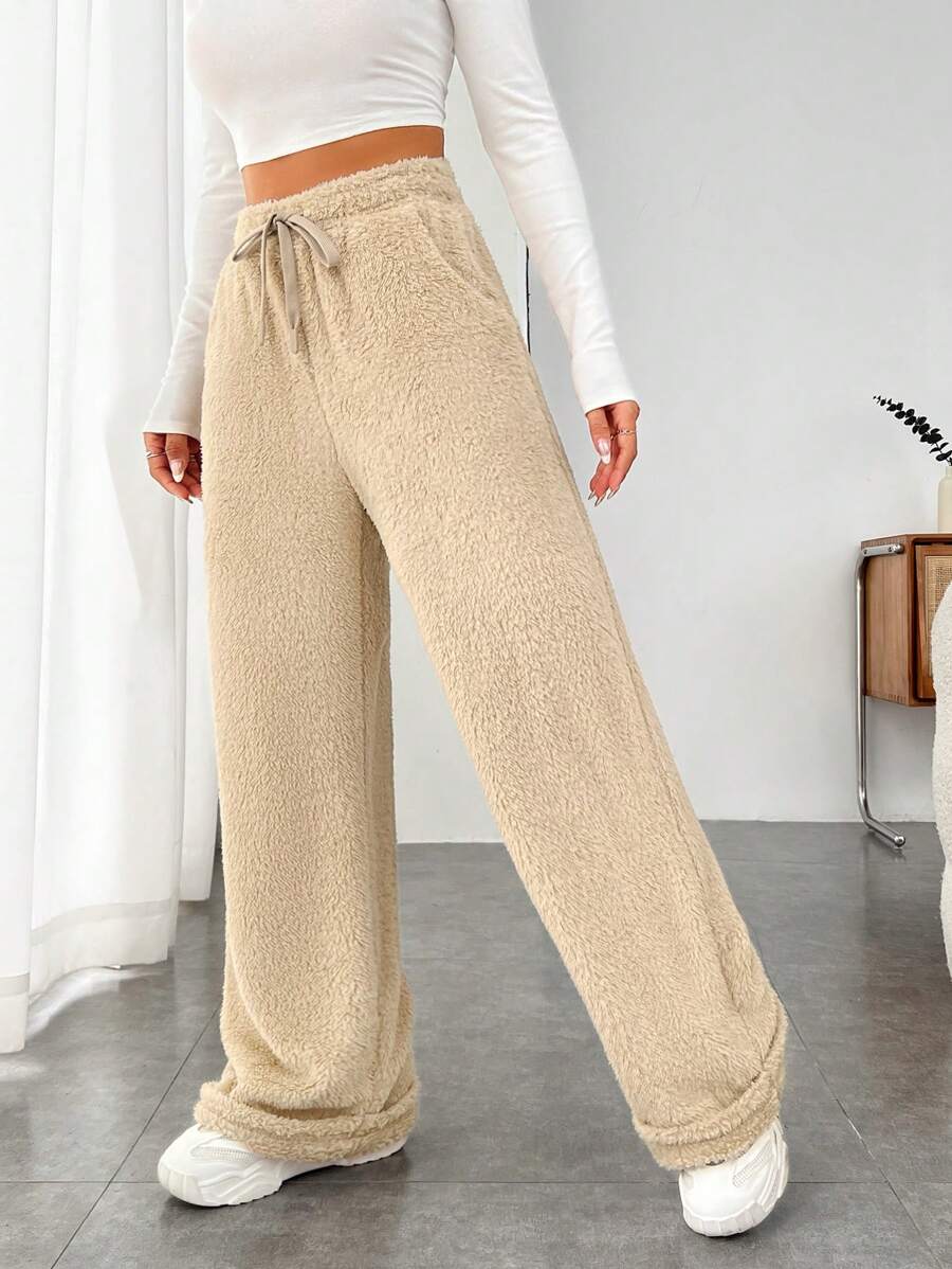 SHEIN EZwear 女式抽繩腰天鵝絨長褲 - 卡其色 - 查看 1